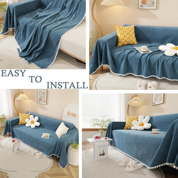 HANDONTIME Navy Blue Sectional Couch Covers, 3 Cushion Couch Chenille Cover - Image 5
