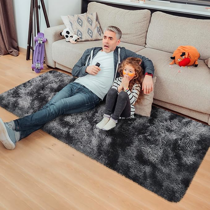 Tie-Dyed Runner Rug for Bedroom Black Grey 2x5ft Fluffy Area Rug Bedside Runner - Image 3