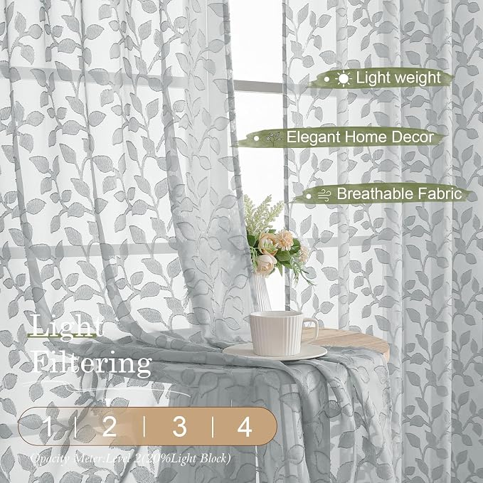 Chyhomenyc Light Grey Short Curtains 45 Inch Length 2 Panels, Light Filtering - Image 2