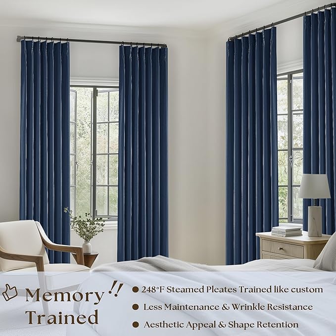 Indigo Navy Pleated Linen Blackout Curtains 90 Inches Long - Image 2
