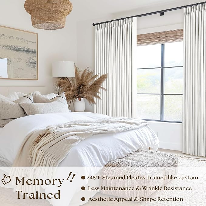 Beige White Pinch Pleated Blackout Linen 96 Inch Long Curtains 60 Inch Wide | - Image 2