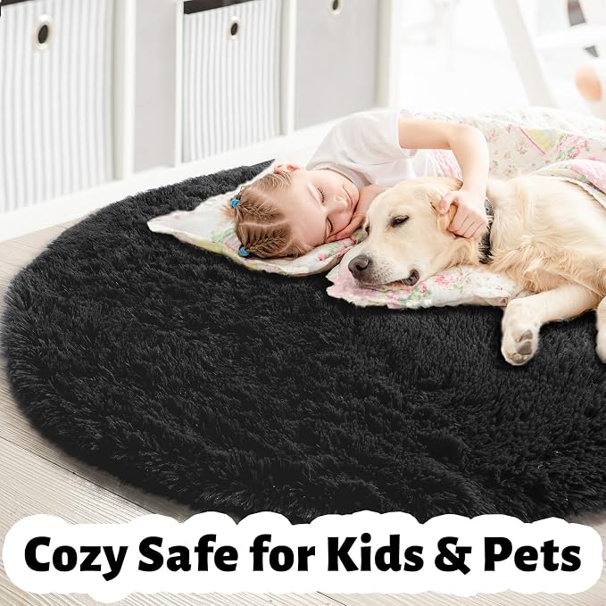 Black Small Round Rug 3Ft for Bedroom, Fluffy Circle Area Rugs for Living Room - Image 4