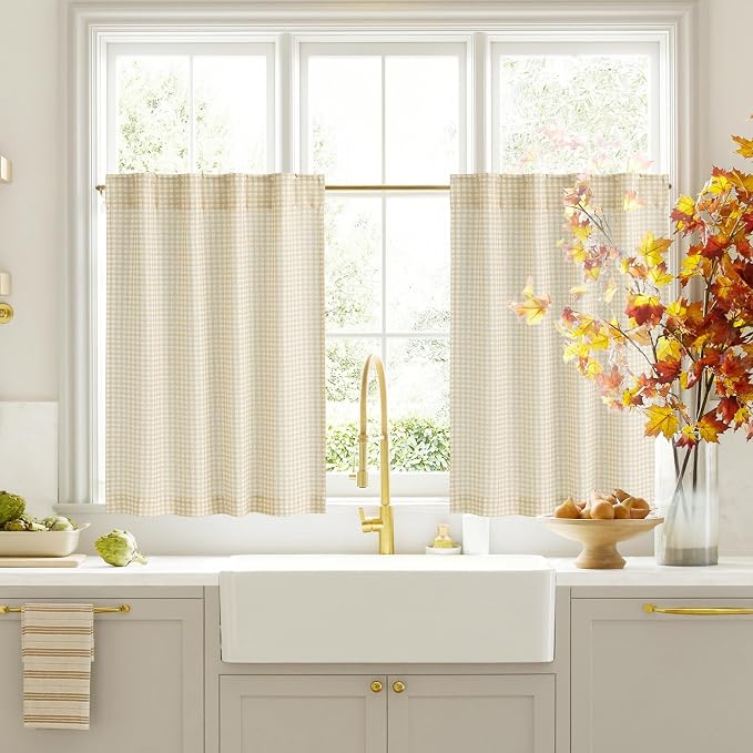 RYB HOME Checkered Kitchen Cafe Curtains 24 inch Length, Vintage Farmhouse by RYBHOME