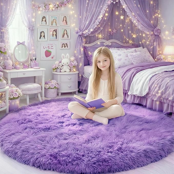 Amdrebio Purple Round Rugs 5Ft for Girls Bedroom Decor Aesthetic, Fluffy Fuzzy - Image 3
