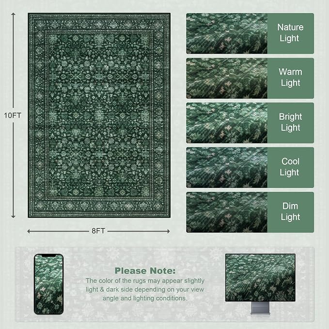 8x10 Area Rugs for Living Room: Washable Rug Soft Vintage Distressed Floral - Image 2