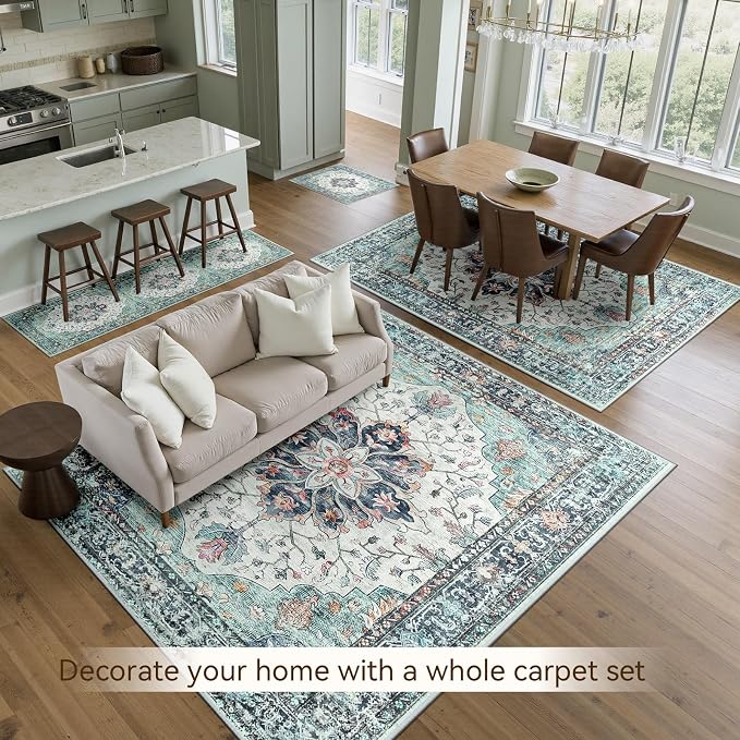 Area Rugs 8'x10' Washable Non-Slip, Floral Vintage Distress Print Pattern - Image 3