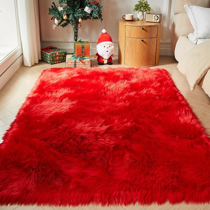 AMTOVO Faux Fur Sheepskin Rug for Living Room, 4 x 6 ft Red Fluffy Area Rug for - Image 4
