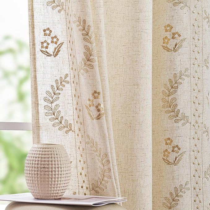 jinchan Belrose Linen Curtains for Bedroom Floral Curtains 108 Inch Length by JINCHAN