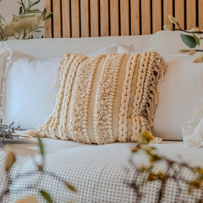 Decorative Boho-Chic Square Pillow Cover 18x18 Handwoven Tufted Braided Cotton - Image 5
