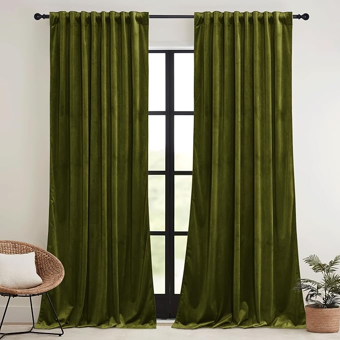 RYB HOME Moss Green Velvet Curtains 84 inches, Luxury and Soft Velvet Fabric - Image 2
