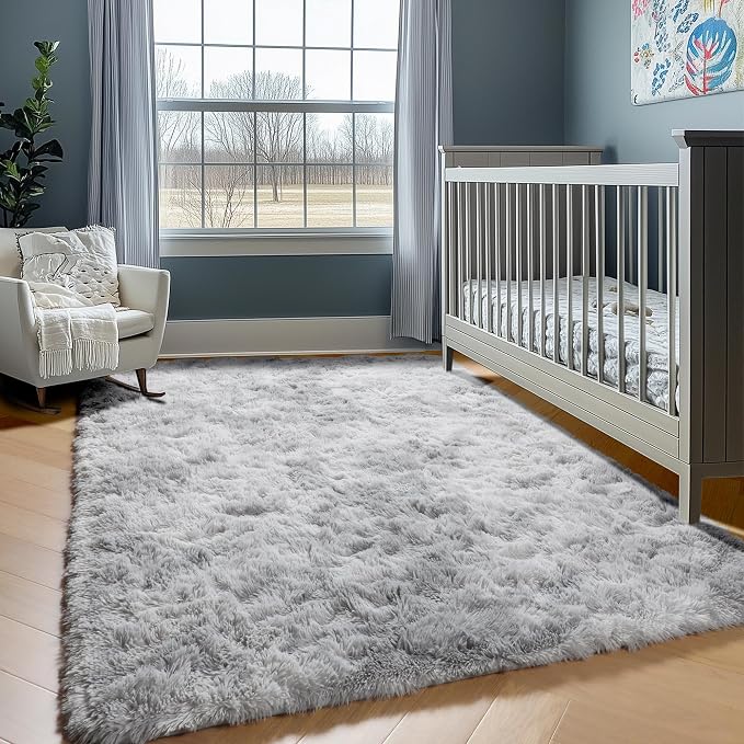 ONASAR Rugs for Living Room Bedroom, 5x8 Fluffy Tie-Dyed Light Grey Bedside - Image 5