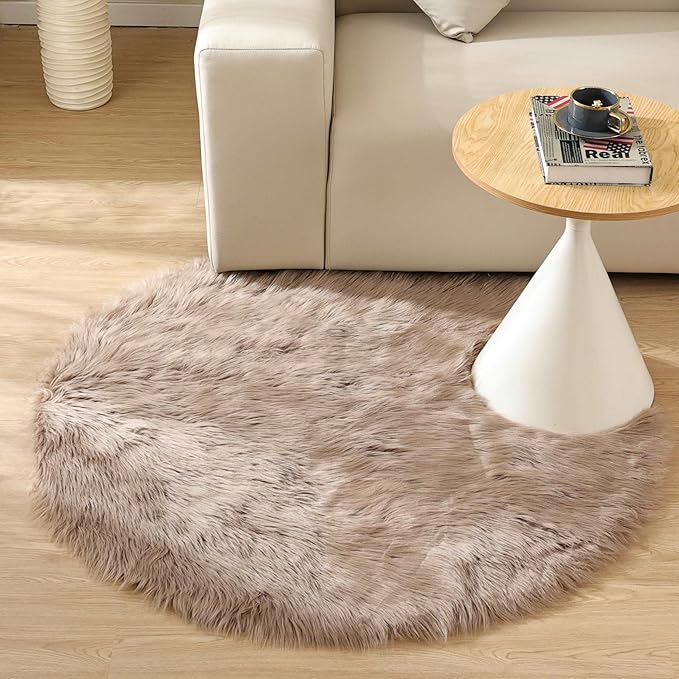 Goolela Beige Round Rug 4ft Fluffy Sheepskin Faux Fur Rug - Image 2