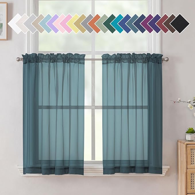 Aiyufeng Dusty Blue Sheer Curtains 36 inches Long, Short Kitchen Window by Aiyufeng