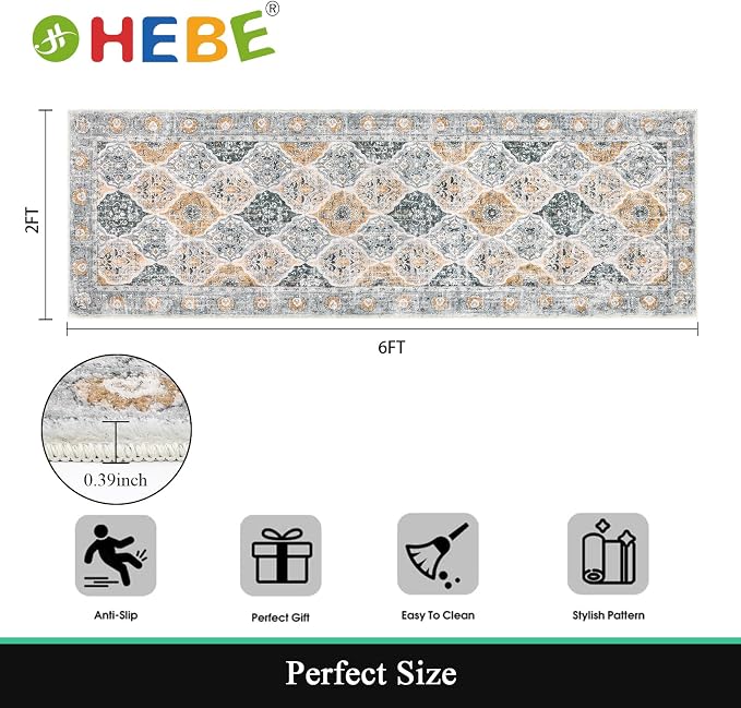 HEBE Hallway Runner Rug 2'x6' Washable Vintage Distressed Area Rugs Non Slip - Image 2