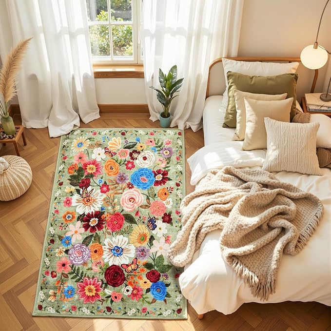 Floral Machine Washable Rug Green, 3x5 Rug Non Slip Soft Bedroom Rugs - Image 2