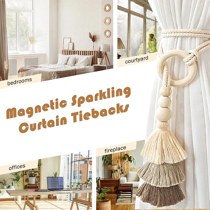 SRG Rope Curtain Tiebacks with Tassel Boho 2 PCS Handmade Wooden Ring Curtain - Image 7