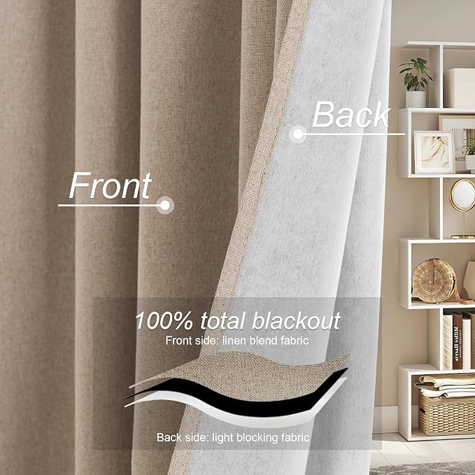 RYB HOME 100% Blackout Flax Linen Curtains, UV Protection Drapes - Image 4