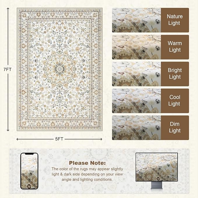 5x7 Area Rugs Living Room Rug: Washable Vintage Boho Rug No Slip Stain - Image 2