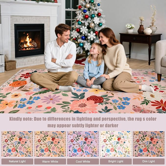 Round Area Rug for Living Room: 4 ft Floral Washable Circle Rug Soft Boho - Image 9