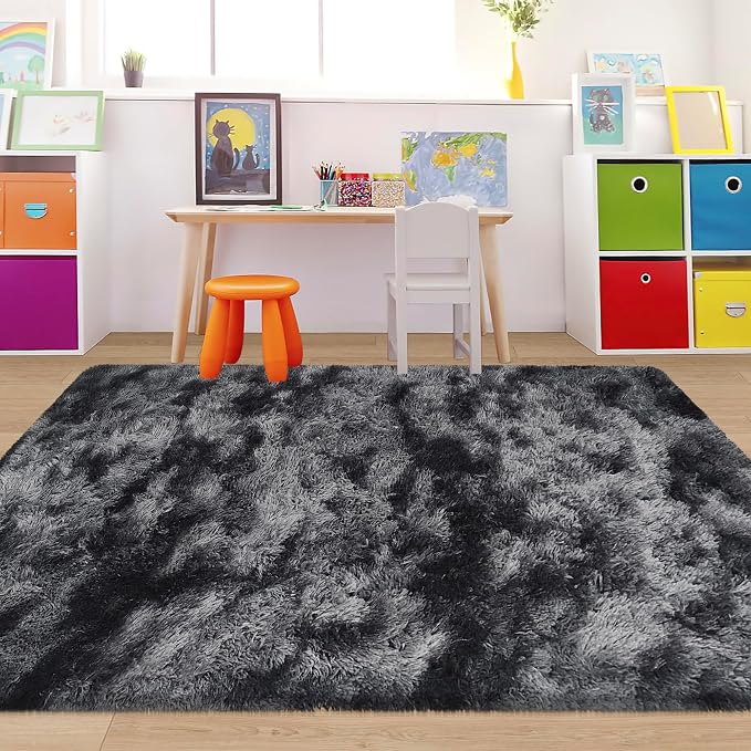4x6 ft Area Rug for Bedroom Black Grey Tie Dye Fluffy Rug Mat Bedside Throw Rug - Image 5