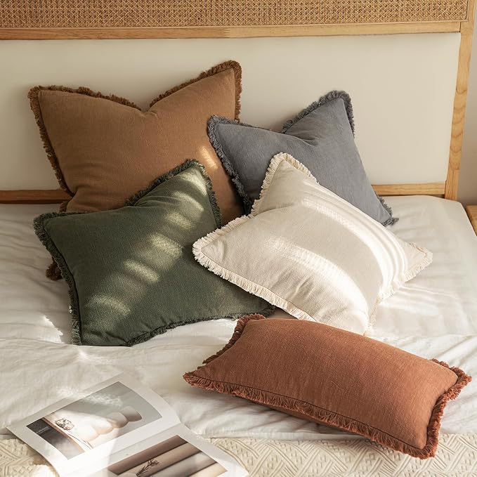MIULEE Boho Linen Decorative Lumbar Throw Pillow Covers Olive Green 12x20 | Set - Image 5