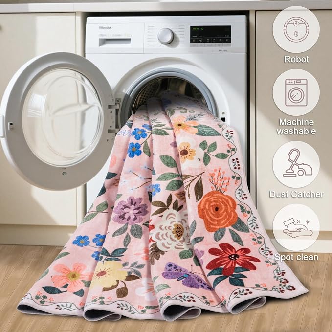 PLHXFR 2x6 Washable Runner Rug：Floral Indoor Kitchen Soft Carpet Beige | - Image 7