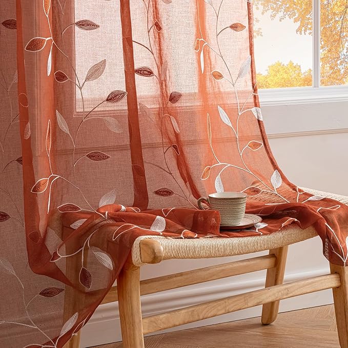 MIULEE Terracotta Sheer Curtains 2 Panels Embroidered Leaf Patterned burnt by MIULEE
