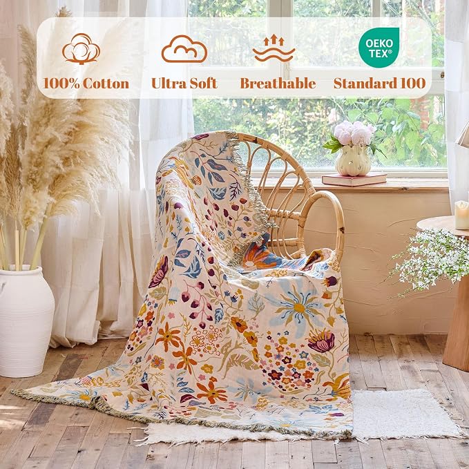 MSGKV Boho Throw Blanket for Bed 100% Cotton Floral Twin Size Couch Blanket - Image 2