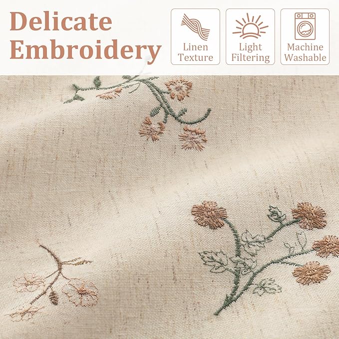 Floral Embroidered Light Filtering Curtains 84 Inch 2 Panels | Linen Blend - Image 3