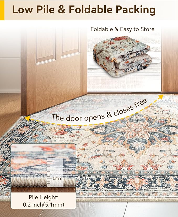 Area Rugs 7'x9' Washable Non-Slip, Floral Vintage Distress Print Pattern - Image 6