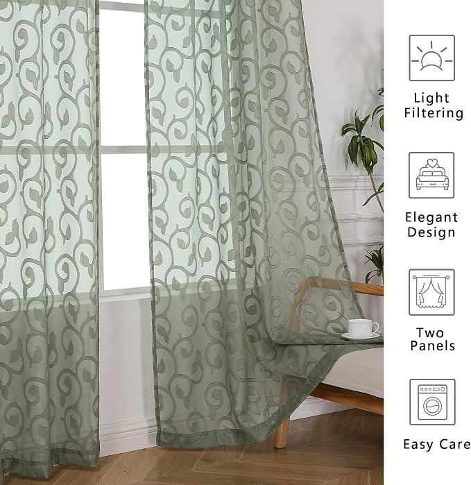 OWENIE Furman Sheer Sage Green Curtains 84 inches Long - Image 5