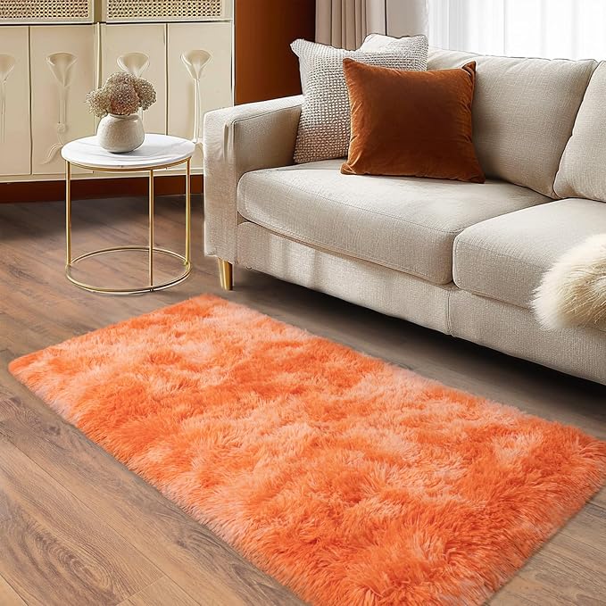 Soft Runner Rugs for Bedroom Hallways, 2x4 Tie-Dyed Orange Fluffy Shag Throw - Image 5