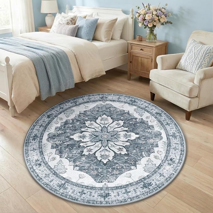 Area Rugs 4ft Washable Non-Slip, Floral Vintage Distress Print Pattern - Image 3