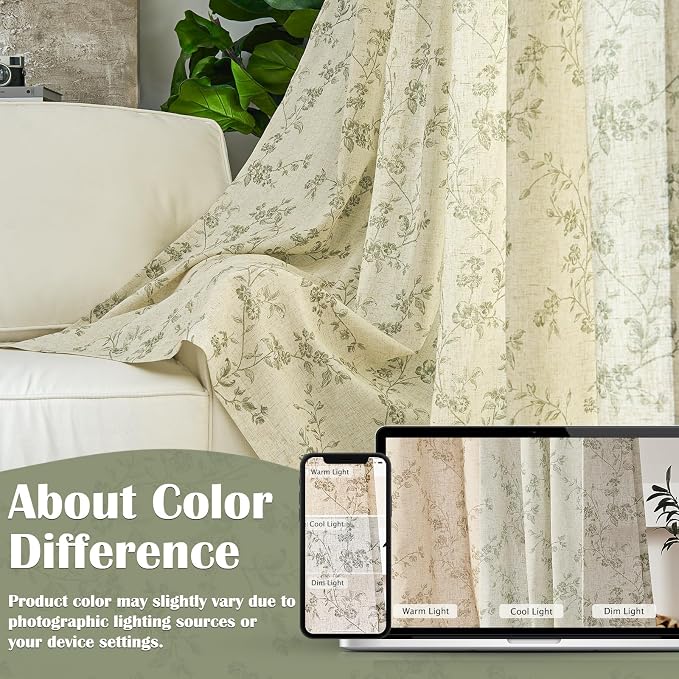 Lazzzy Green Floral Linen Curtains 84 Inch Farmhouse Back Tab Drapes - Image 6