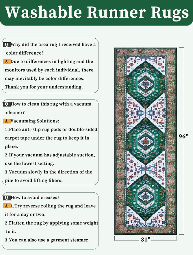 SERISSA Runner Rug for Hallways, Long Boho Rug Vintage Green White Hallway - Image 2