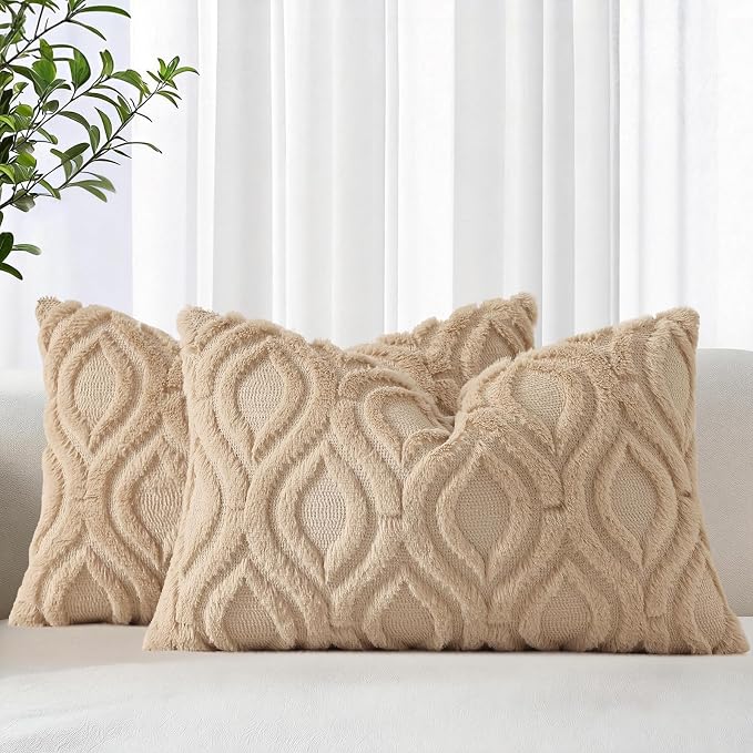 decorUhome Throw Pillow Covers 12x20 Inch Set of 2, Soft Plush Faux Wool Light by decorUhome