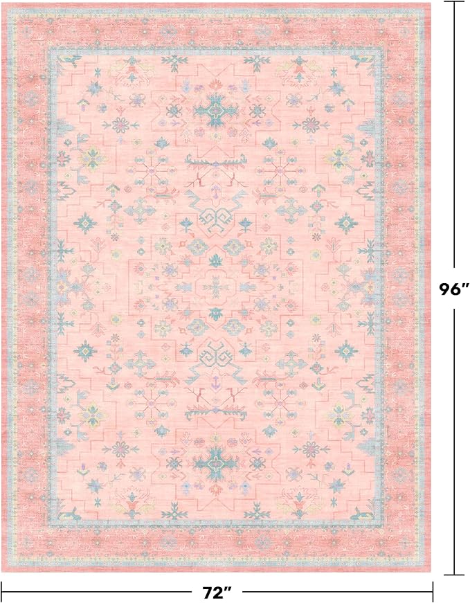 Washable Pink and Blue 6x8 Boho Rugs - Image 2