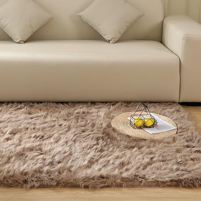 Goolela Faux Fur Rug for Bedroom 3x5 Light Brown Beige Fluffy Furry Fuzzy - Image 2