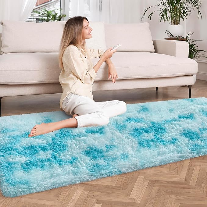 Tie-Dyed Sky Blue 2x6 Machine Washable Runner Rugs - Image 2