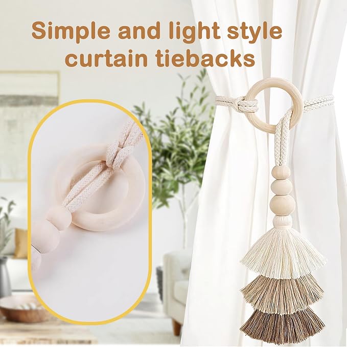 SRG Rope Curtain Tiebacks with Tassel Boho 2 PCS Handmade Wooden Ring Curtain - Image 3