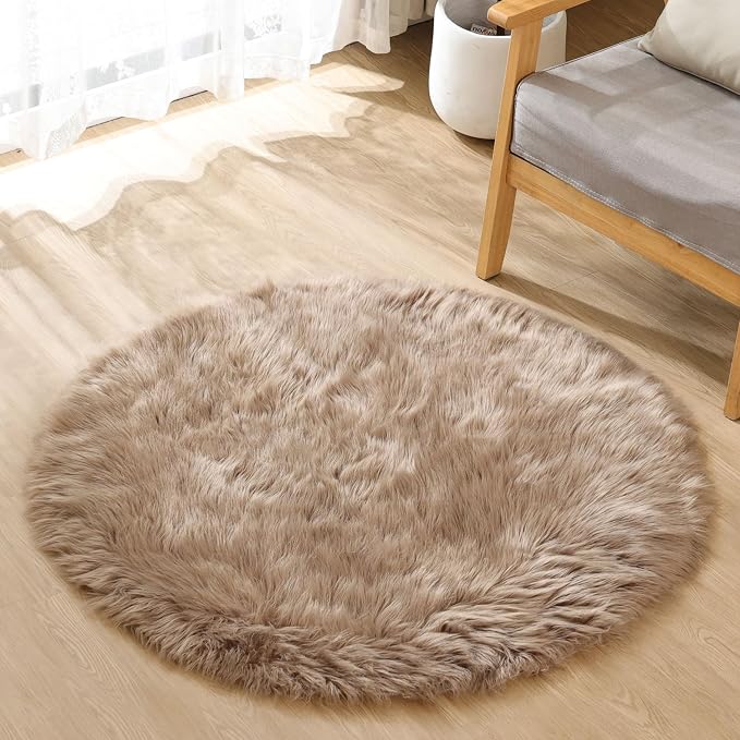ORINOVA Beige 3ft Round Fluffy Shaggy Rug Washable Soft Area Rug by ORINOVA