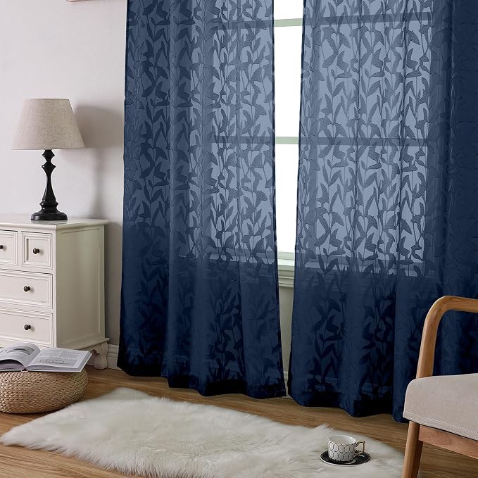 Lecloud Leia Jacquard Textured Navy Blue Sheer Curtains 96 Inches Long 2 Panels - Image 8