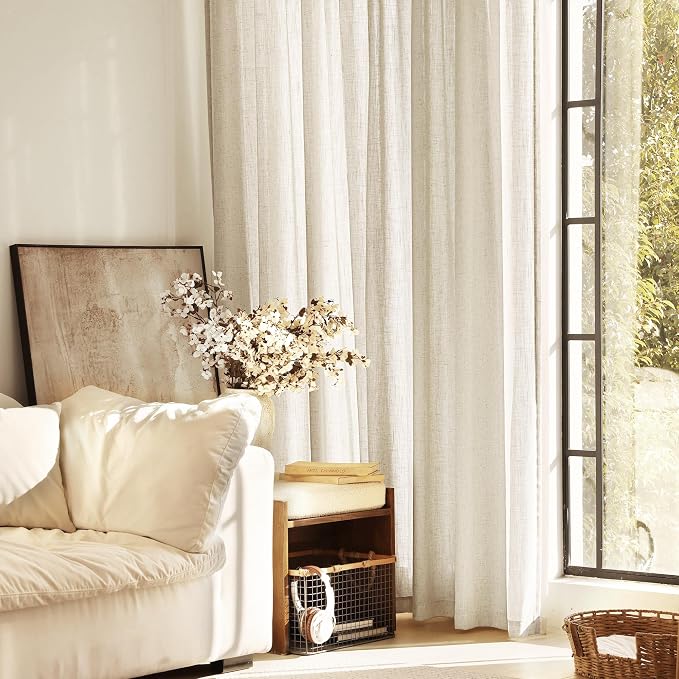 Faux Linen Beige Curtains 102 inches Long - Image 5