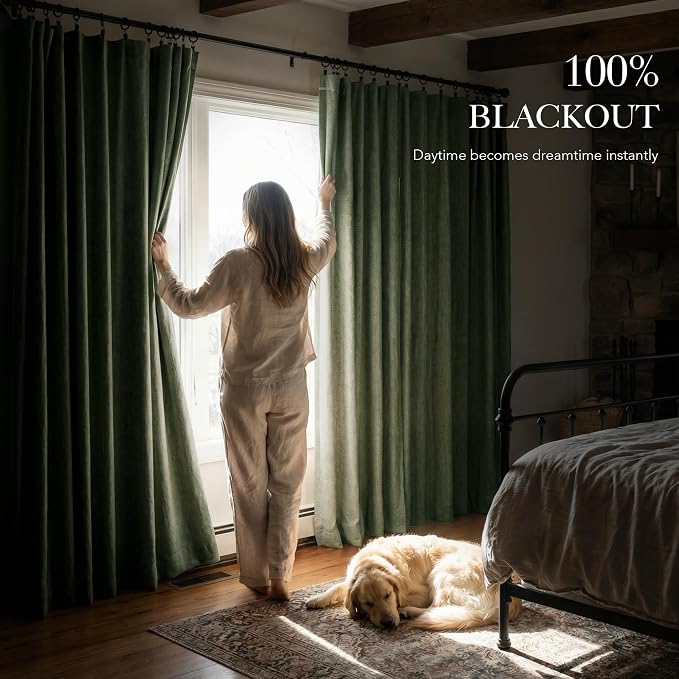 RYB HOME Forest Green 100% Blackout Linen Curtains 96 Length 52 Width, Privacy - Image 3