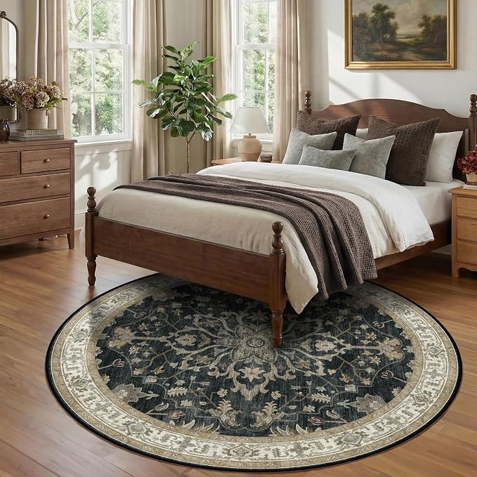 Area Rugs Round 8ft Washable Non-Slip, Floral Vintage Distress Print Pattern - Image 3