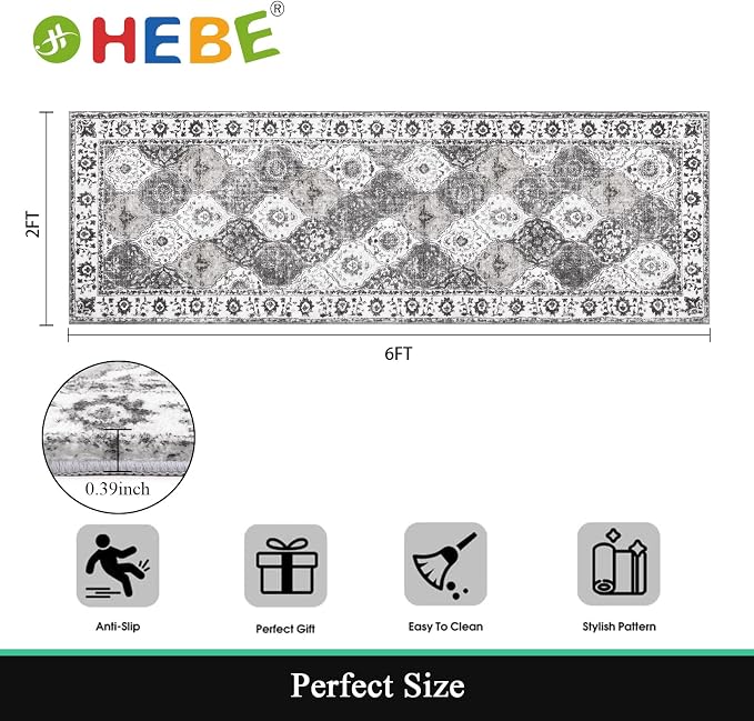 HEBE Hallway Runner Rug 2'x6' Washable Vintage Distressed Area Rugs Non Slip - Image 2