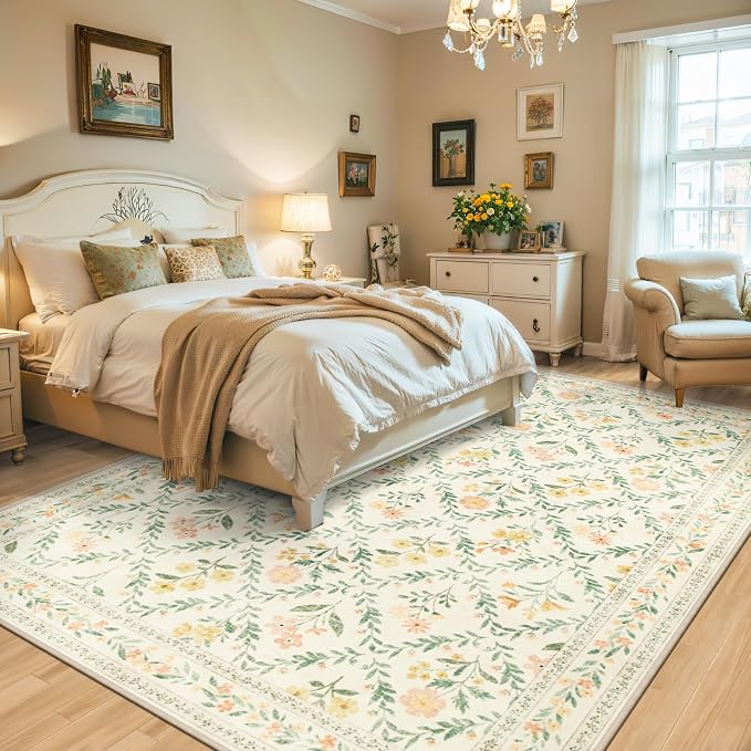 Area Rugs 9x12 Living Room: Floral Washable Rug Vintage Large Soft Boho - Image 2