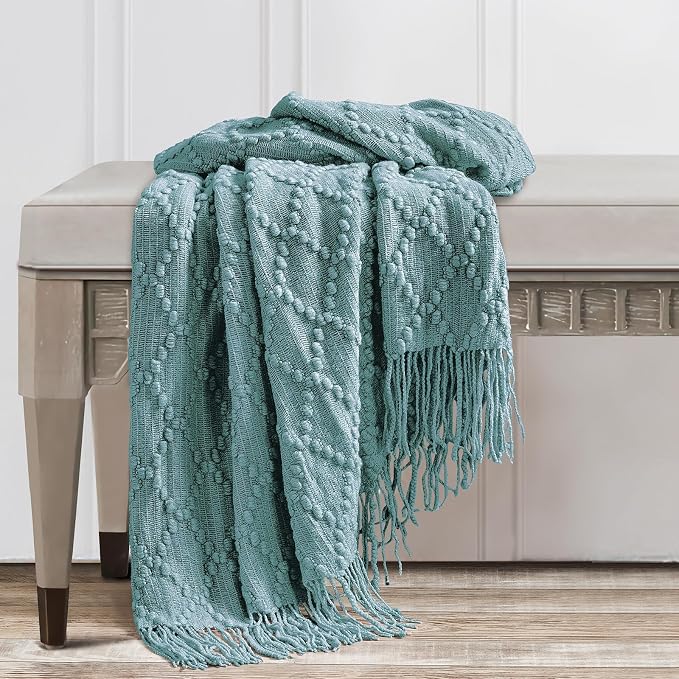 BOURINA Blue Throw Blanket 50 x70 Inches Jacquard Argyle Throw Textured Solid - Image 5