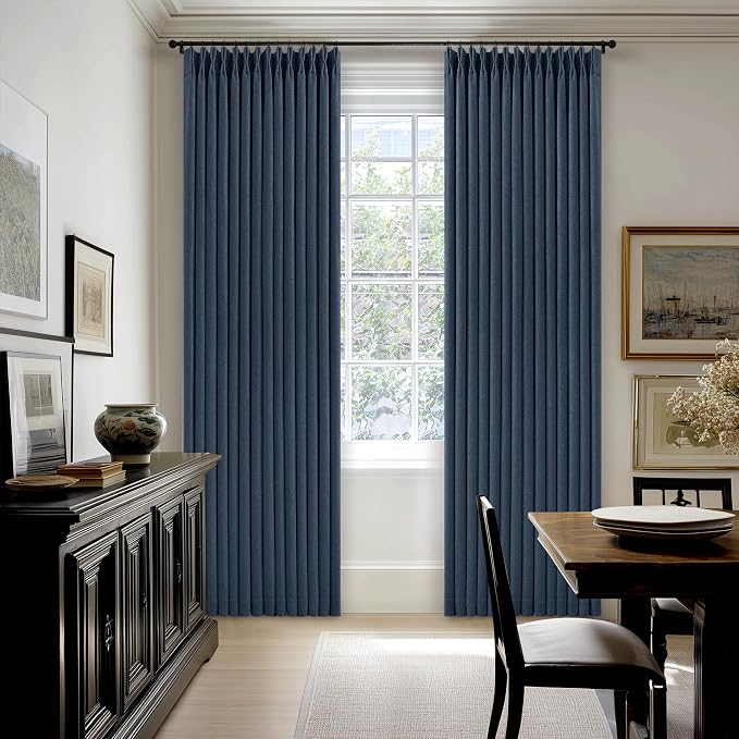 Navy Blue Pinch Pleated Linen Blend Full Blackout Curtains 86 Inch Length | - Image 7
