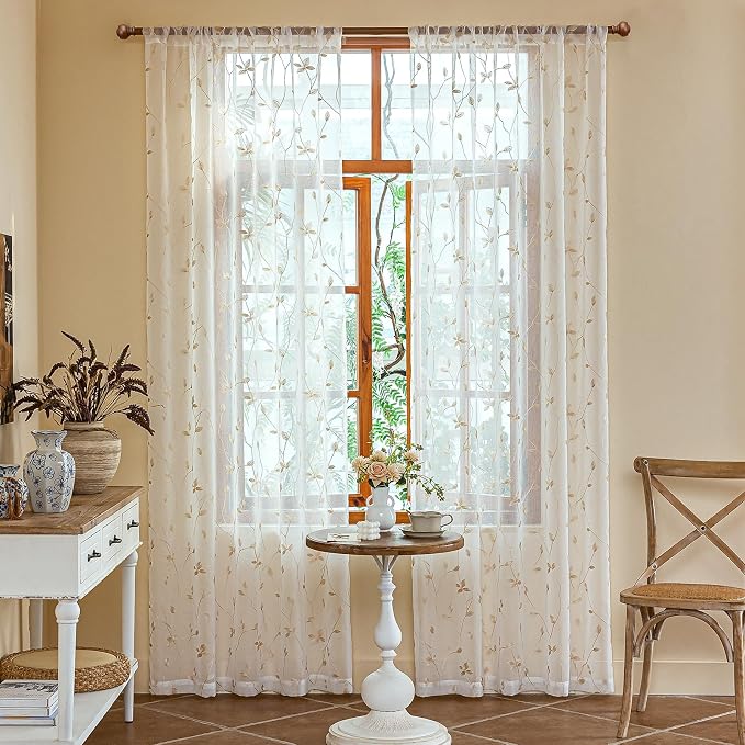 AmHoo 2 Panels Embroidered Leaf Pattern Semi Sheer Curtains Foliage Floral - Image 2